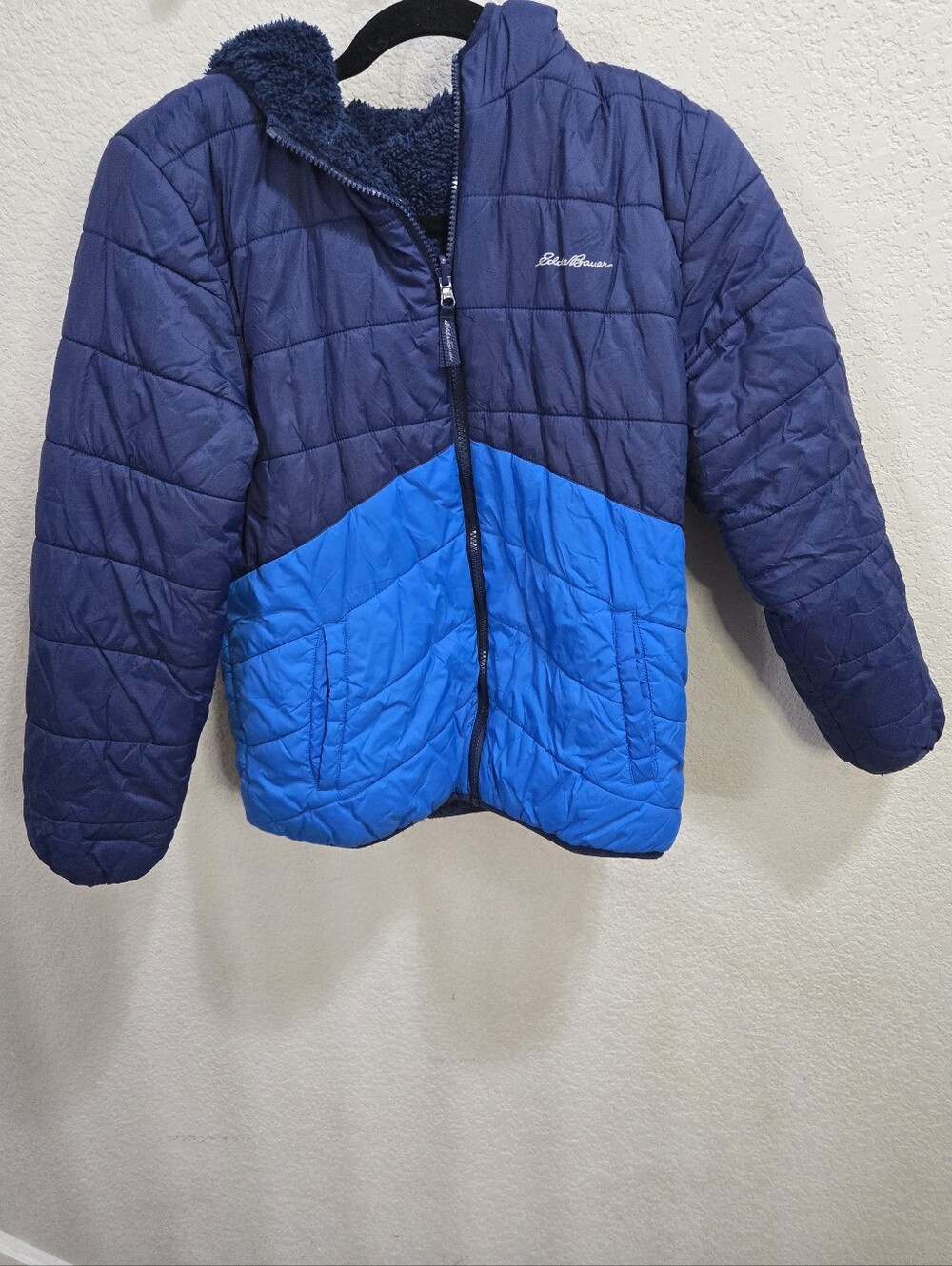 Kids Two-Tone Navy and Bright Blue Hooded Puffer Jacket